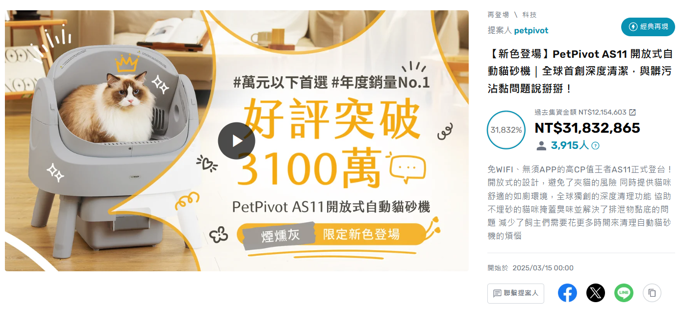 PetPivot AS11 在台灣嘖嘖的募資頁與募資成果截圖