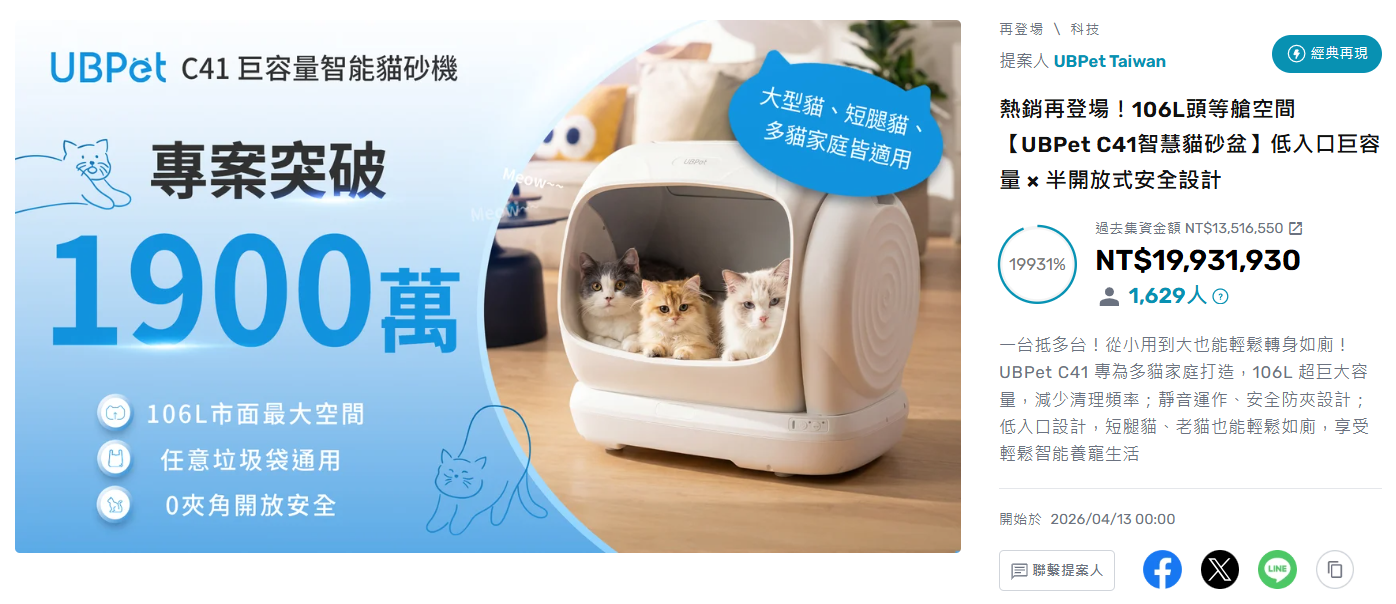 UBPet C41 在台灣嘖嘖的募資頁與募資成果截圖